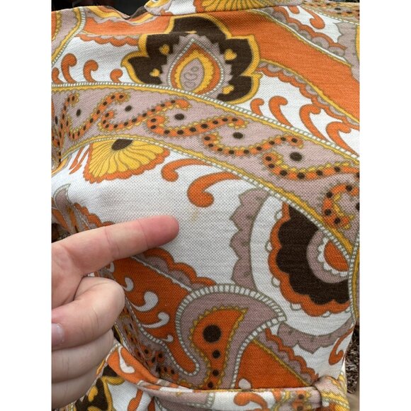 60s Groovy Print Knit Belted Shirt Dress 100% Virgin Wool Long Sleeve Orange Yel - Picture 6 of 16